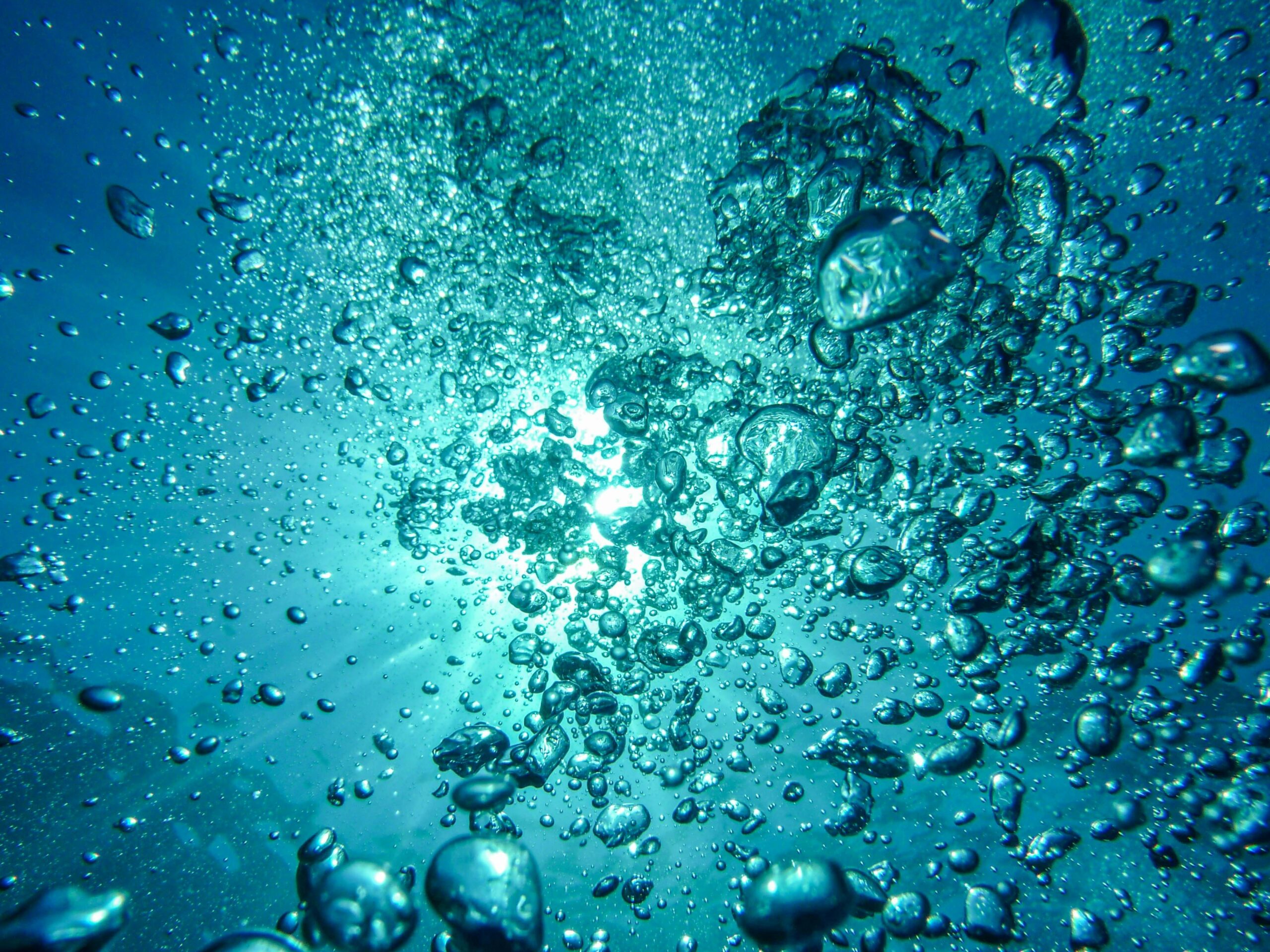 Capture of underwater bubbles rising towards the surface with sunlight streaming through.