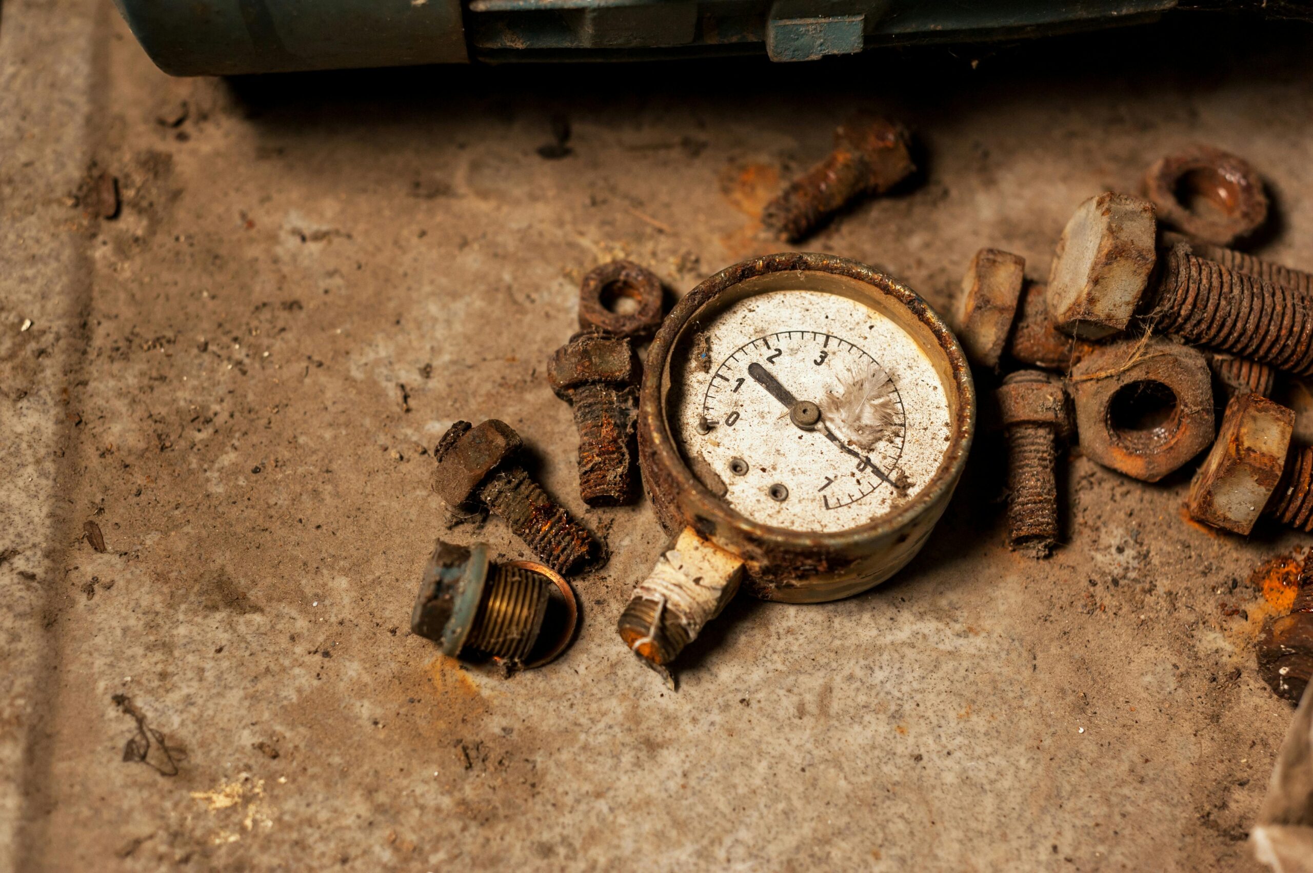 Old and rusty pressure gauge with scattered bolts on a dusty industrial floor.